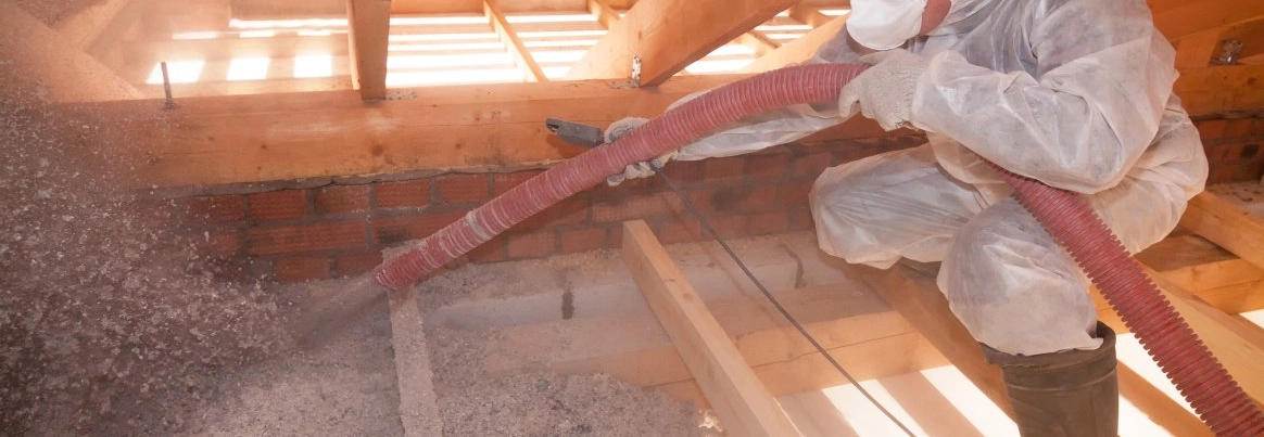 Person bläst Dämmmaterial in Dachboden